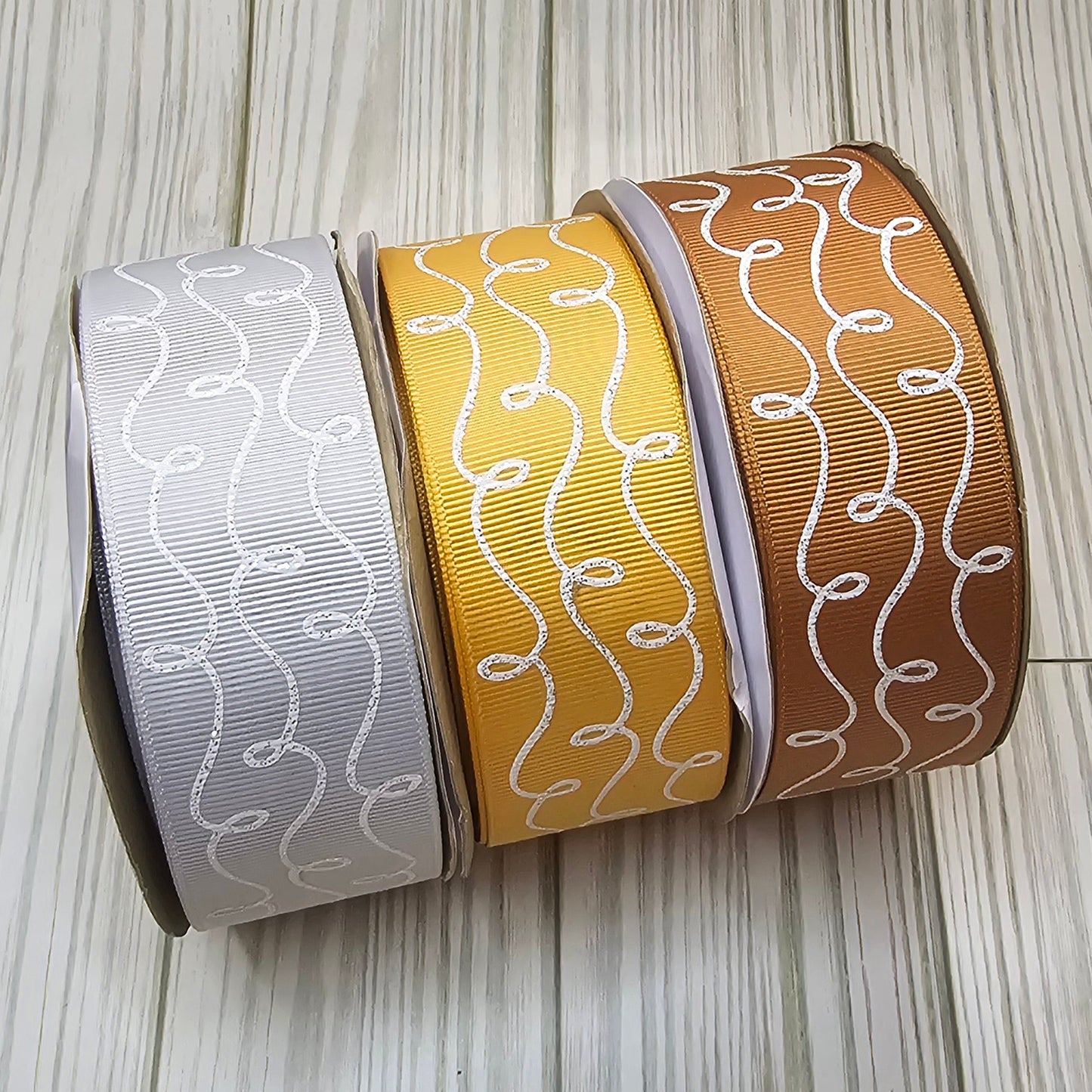 Doodle Swirls (White Glitter) Grosgrain Ribbon, 1.5"