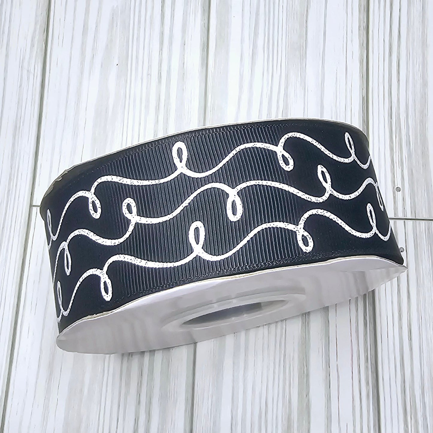 Doodle Swirls (White Glitter) Grosgrain Ribbon, 1.5"