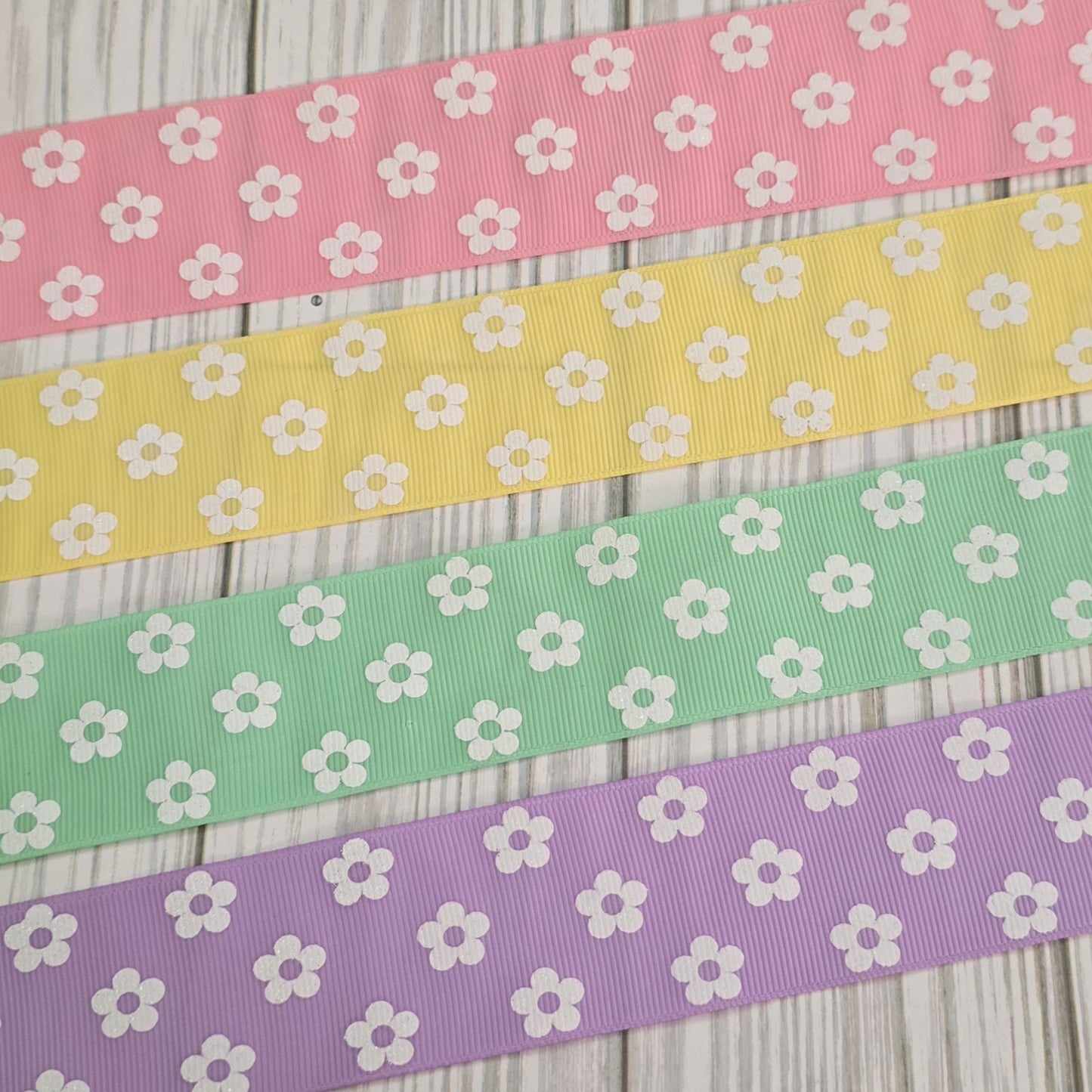 White Glitter Flower Grosgrain Ribbon