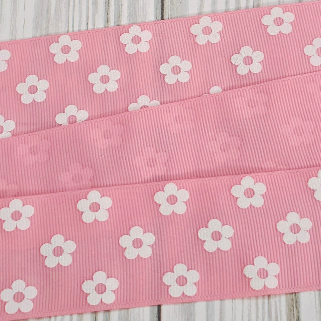 White Glitter Flower Grosgrain Ribbon