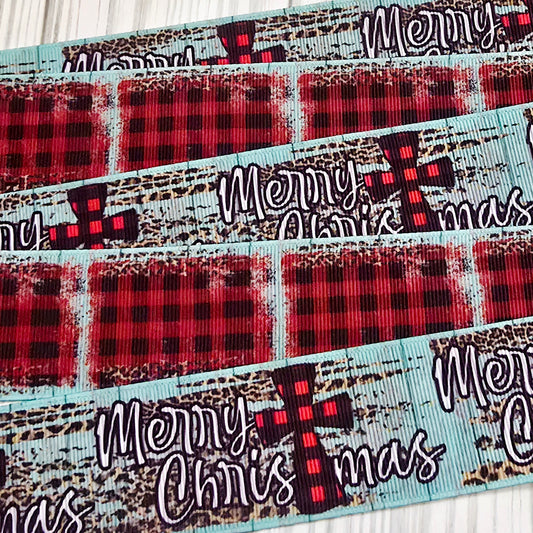 Merry Christmas Plaid Cross Grosgrain Ribbon
