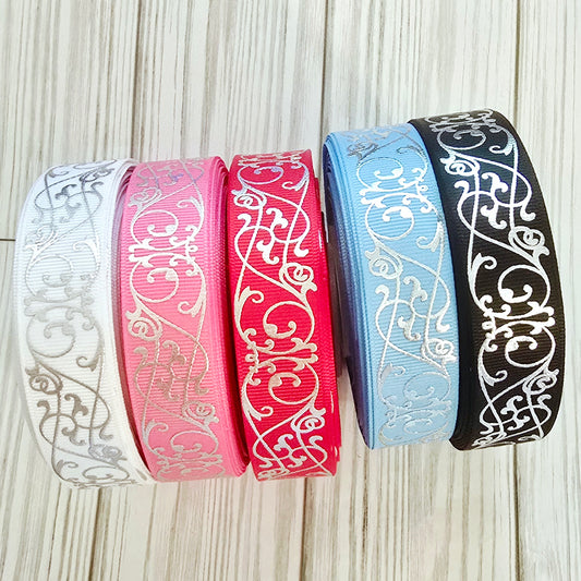Elegant Silver Scrolls Grosgrain Ribbon