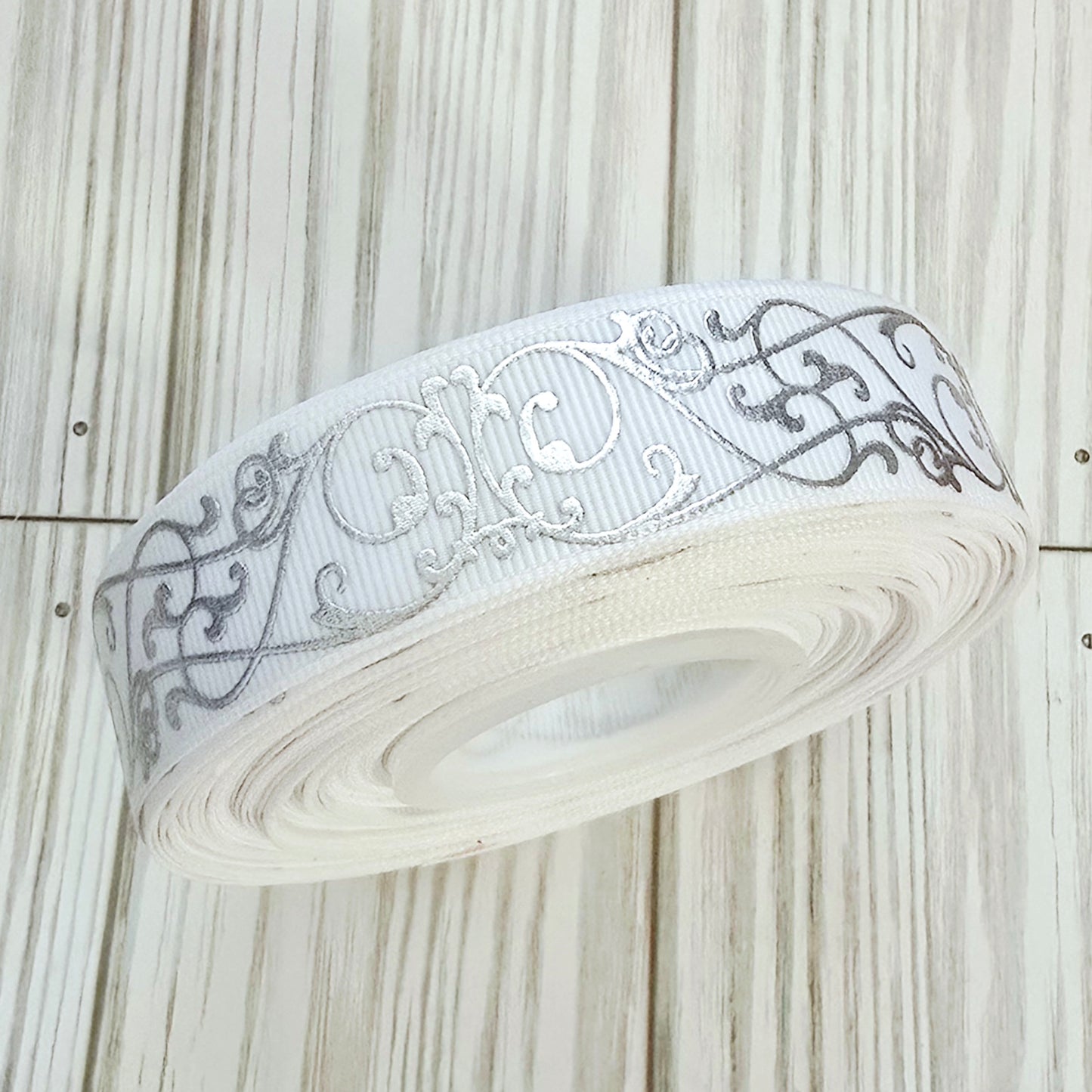 Elegant Silver Scrolls Grosgrain Ribbon
