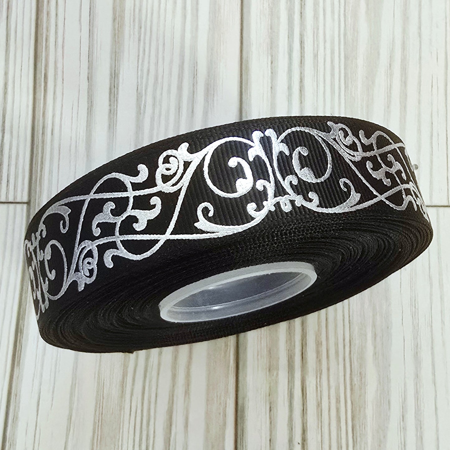 Elegant Silver Scrolls Grosgrain Ribbon